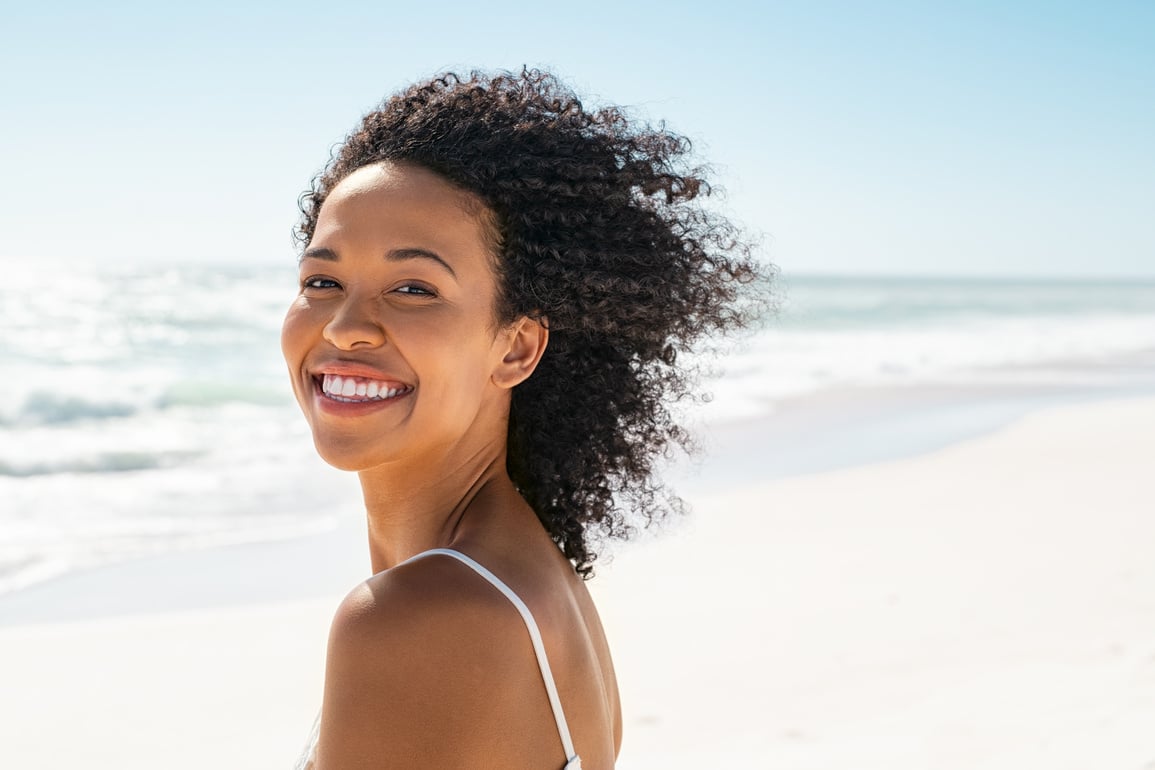 Happy Smiling African American Woman at Beach